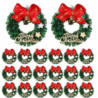 Miniaturas de coronas de Navidad con lazos rojos y campanas doradas - Adornos navideños artificiales de plástico festivos para árbol de Navidad, coronas navideñas en miniatura para casa de muñecas con bayas y campanas, adornos navideños Feliz Navidad para decoración del árbol de Navidad de la casa de muñecas