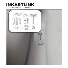 INKARTLINK Temporary Tattoos With Tropical Elements - Waves, Surfboard, Cactus, Palm Trees, Sunset, Peace Sign. Waterproof, Long-Lasting 1-2 Weeks, Unique Design Fake Tattoos - Black - View 2