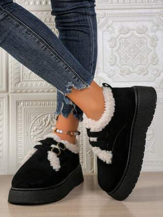 2025 Nouvelles bottes de neige à semelle épaisse pour l'hiver/Boucle métallique double rangée à la mode, design à lacets/Doublure thermique épaisse, antidérapante et chaude, polyvalente et /Bottes de cheville à semelle compensée, indispensables pour les tenues d'hiver, bottes fourrées