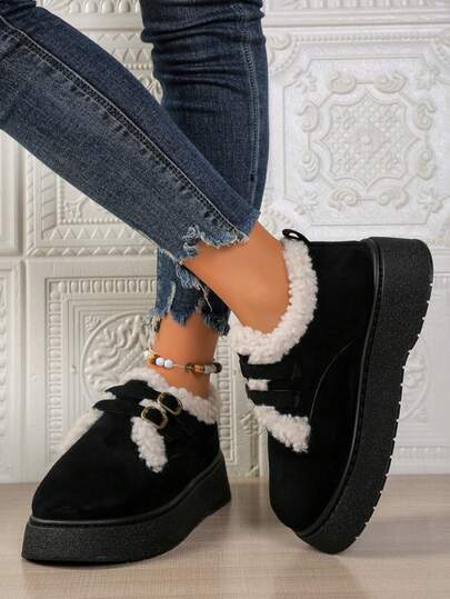 2025新款冬季短款厚底雪地靴/时尚双排金属扣，系带设计/保暖内衬加厚防滑，时尚百搭/厚底踝靴，冬季穿搭必备，带毛绒靴