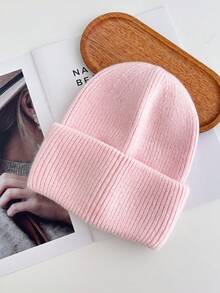1pc Women's Solid Color Double-Layer Cuffed Fashionable Knit Beanie Hat, Warm For Outdoor Use In Autumn/Winter - Pink - View 2