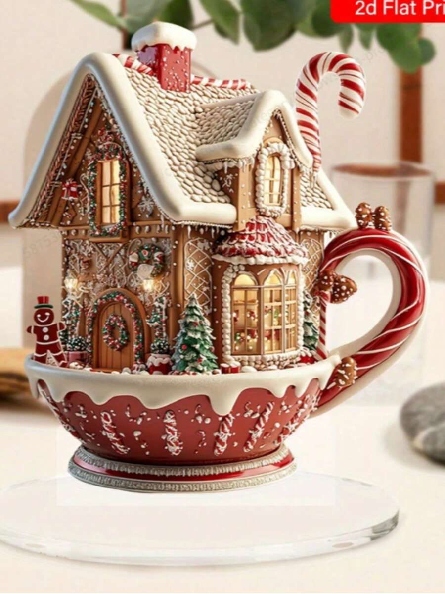 Klassische 2D flache Lebkuchenhaus Statue aus Acryl - Tischdekor Weihnachtsschild und Plakette, vielseitige Boho-Stil Tischdekoration, ideales Weihnachtsgeschenk, Text auf Englisch, ohne Strom