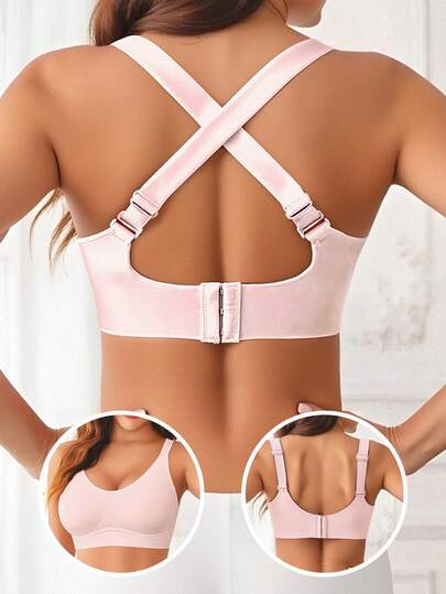 Sujetador sin aros de moda minimalista, cómodo con 2 estilos de tirantes, espalda abierta, unicolor, levanta y sostiene