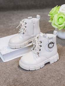 Toddler Girls' Lace-Up Side Zipper Outdoor Ankle Boots, Fashion Children Shoes, Girls' Short Boots, Spring Autumn Winter New Versatile