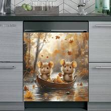 1pc 2D Flat Printed Magnetic Dishwasher Door Sticker With Pattern Of Two Brown Mice Sitting In A Wooden Boat Filled With Maple Leaves Floating On Water, Surrounded By Falling Yellow Leaves And Golden Forest - Waterproof, Easy To Clean, Reusable, Suitable For Dishwasher, Refrigerator, Washing Machine, Dryer Decoration, No Glue Needed, Kitchen Decor Accessory, Fits Most Dishwashers, Home Decoration