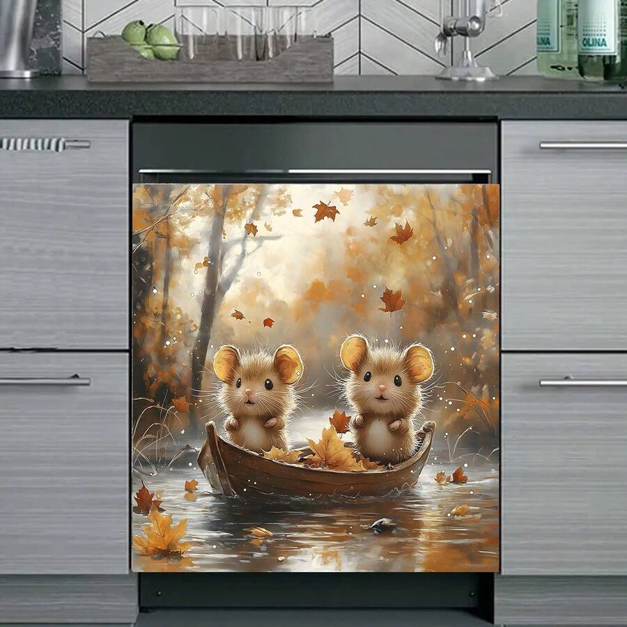 1pc 2D Flat Printed Magnetic Dishwasher Door Sticker With Pattern Of Two Brown Mice Sitting In A Wooden Boat Filled With Maple Leaves Floating On Water, Surrounded By Falling Yellow Leaves And Golden Forest - Waterproof, Easy To Clean, Reusable, Suitable For Dishwasher, Refrigerator, Washing Machine, Dryer Decoration, No Glue Needed, Kitchen Decor Accessory, Fits Most Dishwashers, Home Decoration