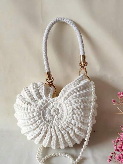 New Handmade Woven Fashionable Minimalist Shell Handbag, White