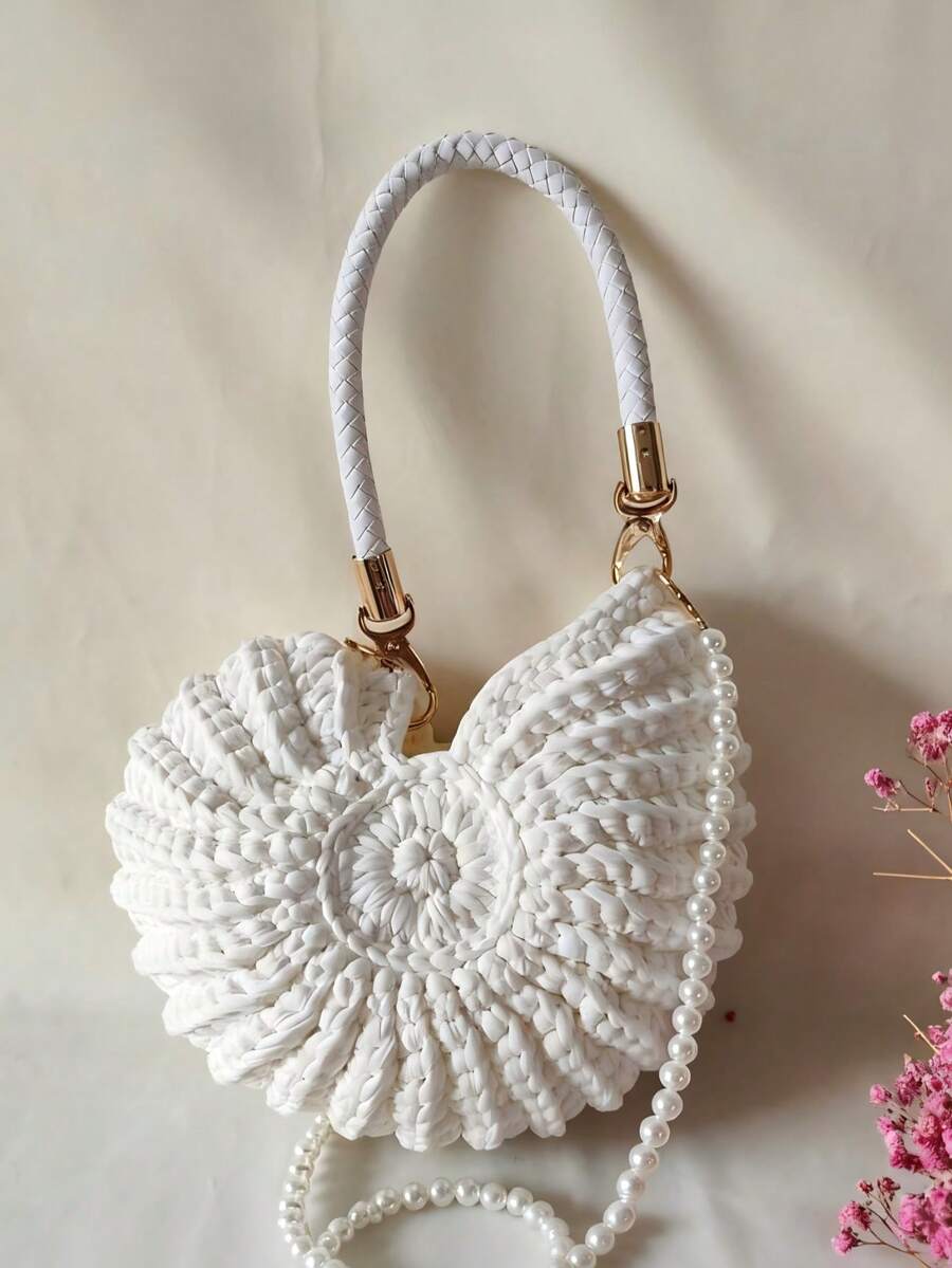 New Handmade Woven Fashionable Minimalist Shell Handbag, White