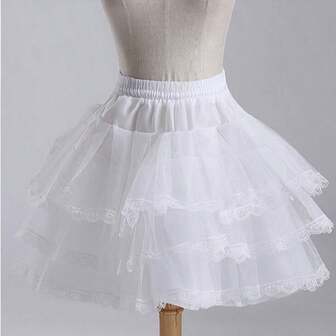 1pc Girls' Solid Color Vintage Mesh Princess Dress With Lining, Adjustable Elastic Waist, 3-Layer Lace Slip Dress, Sweet For Daily Wear