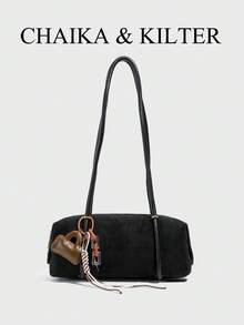 1個 CHAIKA & KILTER 素色麂皮面料肩背包，復古時尚波士頓枕頭包，雙手把與拉鍊開合肩上法棍包，適合日常與戶外使用（附吊飾） - 黑色 - 查看 2