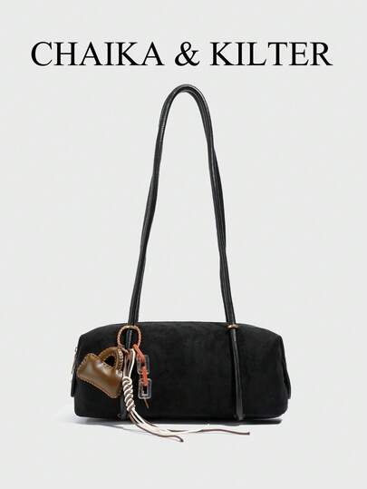 1 件 CHAIKA & KILTER 纯色绒面革单肩包，复古时尚波士顿枕头包，单肩法棍包，双手柄和拉链开合，适合日常和户外使用（与吊坠一起出售）