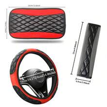 6pcs Car Steering Wheel Cover Set, Bicolor Rhombus Bubble Design, Fits 14.5-15 Inch Steering Wheel, Handbrake Cover, Gear Shift Cover, Shoulder Pad, Seat Belt Decor, Car Interior Accessories