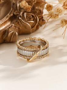 Fashionable Multilayer Adjustable Cubic Zirconia Combination Keychain Ring, Suitable For Women's Daily Wear - Set Of Rings - View 17