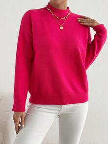 Plus Mock Neck Drop Shoulder Sweater - Hot Pink - View 4