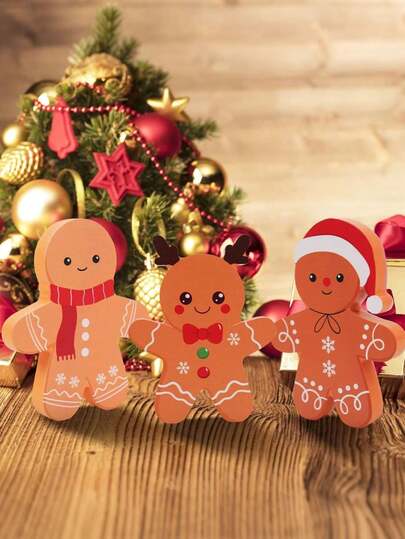 3pcs-Gingerbread Man Christmas Decorations Indoor, Cute Gingerbread Man Tiered Tray Decor Set Of 3, Wooden Gingerbread Man Blocks Xmas Table Decoration For Party Home Office Shelf Door
