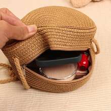 Women's Round Straw Bag Crossbody Beach Fashion Summer Vacation Minimalist Adjustable Crossbody Shoulder Strap Handmade Medium Zipper - xanh quân đội - Xem 5