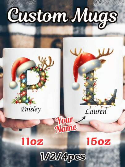 1 pièce/2 pièces/4 pièces, 325 ml/450 ml, Tasse à café personnalisée - Cadeau pour femmes, Tasse à café personnalisée avec lettre nom personnalisé - Conception de tasse de Noël personnalisée, Tasse en céramique, Tasse originale, Tasse à thé, Vaisselle d'été et d'hiver, Cadeau d'anniversaire, Cadeau de Noël, Cadeau de fête