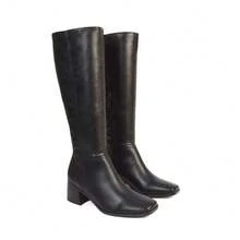 XY LONDON Ruby Square Toe Zip Up Knee High Calf Boots With Low Heel - Black - View 4