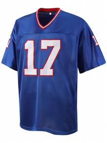 Atonmore Men's 17 Blue American Football Jersey Casual Short Sleeved Embroidered Stitching V-Neck T-Shirt Party Rugby Sports Top - 藍色 - 查看 2