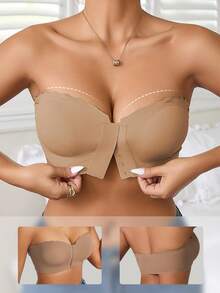 Comfort Push-Up Bandeau Bra For Women, Front Closure Wireless Tube Top, Wavy Edge No Show Adjustable Bralette, Breathable Everyday Wear,Front Clasp Design, Mocha Brown, One-Shoulder Fan-Shaped, Wide Upgraded Non-Slip Band - Khaki - View 2