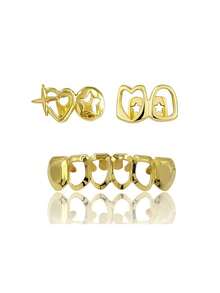 THATBOY 3pcs/Set Fashionable Hollow Heart & Star Tooth Grillz, DIY Combination Hollow Open Face Hiphop Tooth Jewelry Set, Suitable For Festivals, Parties, And Daily Wear