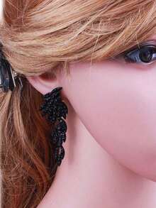 1 Pair Retro Black Rhinestone Angel Wings Design Earrings, Suitable For Women's Wedding, Party Dress Accessories - 黑色 - 查看 3