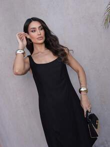 Women's Short Linen Dress With Straps - Black - View 3