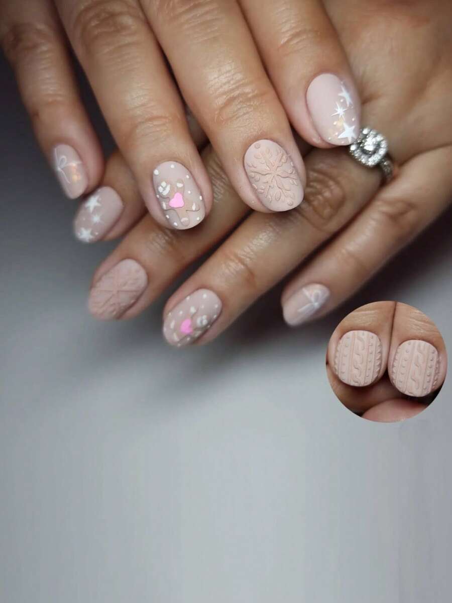 24pcs Press On Short Nails Christmas Nails Pink Snowflake Gingerbread Man White Star Pink Heart Fake Nails Daily Wear Nail Supplies Press On Nails - Multicolor - View 1