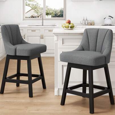 GIKPAL 26" Swivel Bar Stools With Backs Set Of 2, 26" Counter Height Bar Stools, Extra Upholstered Counter Barstools With Square Solid Wood Legs For Kitchen Island, Dining Room, Dark Gray