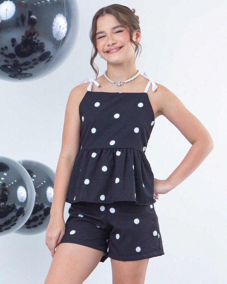 Maitê Polka Dot Print Children's Youth Set, Girls' Clothing, Sizes 4, 6, 8, 10, 12, 14 - 黑白圓點 - 查看 1