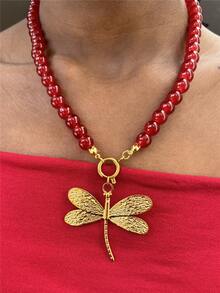 1pc Exaggerated Colorful Beaded Necklace, Fashion Stainless Steel Animal Dragonfly Eagle Pendant Choker Necklace For Women