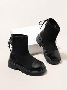 زوج من بوت الأطفال، بوت جديدة للخريف/الشتاء من قماش محبوك ولوح جلدي، بوت كاحل مزينة بالرباط بطراز عصري، مريحة مانعة للانزلاق برأس مستدير وكاحل متوسط، سميكة القاعدة ذات طراز بريطاني قديم، ضرورية للملابس اليومية والمدرسية في الخريف/الشتاء