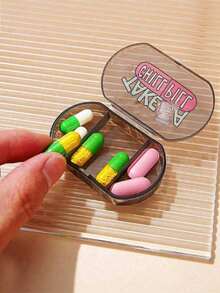 1 Oval Pill Box With Printed Letters And Purple Medicine Bottle Pattern, Three Compartment Portable Pill Storage Box, Mini Storage Box, Portable Jewelry And Medicine Box, Personalized Creative Gift With Letter Logo, Suitable For Travel, Outdoor Activities, Bags, Pockets, Unique Design Decorative Travel Storage Box, Medicine Storage Box