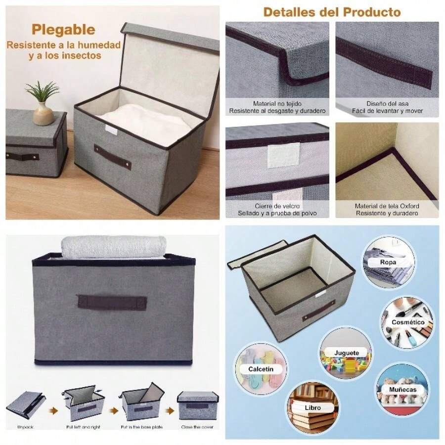 Cajas de Almacenamiento, Cajones Organizadores 8pcs, Closet Organizador de Ropa de Tela Plegables con Tapas, Cestas de Lino Cubo para Ropa Juguetes Libros Armario Dormitorio - Gris - Ver 1