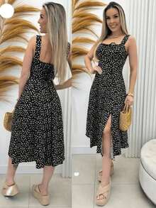 Women's Floral Midi Dress With Light Front Bow - màu đen - Xem 2