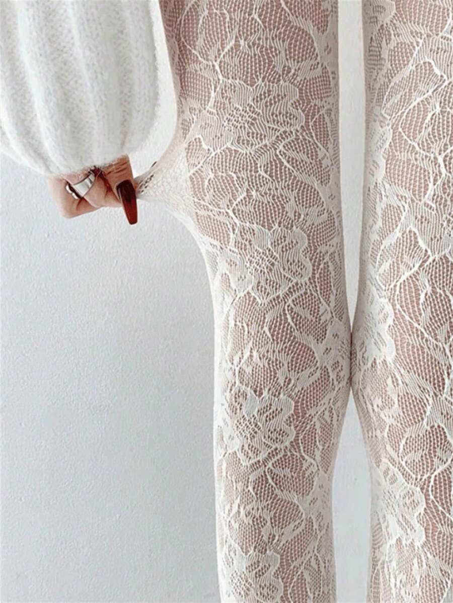 Women Floral Pattern Jacquard Hollow Out Fishnet Leggings, Sexy Tight Fit Pantyhose Stockings, High Stretch Sweet Tights 2DFW - trắng - Xem 1