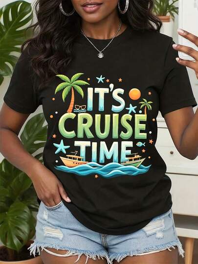Cruise Ship T-Shirt With It's Cruise Time Tropical Palm Tree And Boat Print   Perfect For Vacation, Beach, And Summer Travel Outfits,Women's T-Shirts, Festive Celebration Wear, Festive Graphic Tee, Festive Fashion Lovers