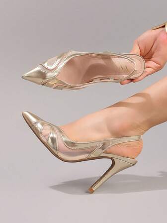 秋冬蕾丝拼接高跟凉鞋，性感尖头时尚香槟色细高跟鞋，镂空透气晚宴派对鞋，优雅