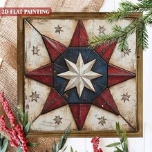 MK2D Flat, 1 Piece Vintage Barn Starburst Quilt Striped Wooden Sign - Patriotic Red And Blue Farmhouse Wall Hanging Decoration, 8.0x 8.0inch Rustic  Wood Carving For Bedroom, Barn, Garage, Office - Independence Day And Christmas Gift, No Electricity Required, Western Home Decor, Holiday Ornament, 2D Flat - 20*20CM - Xem 5