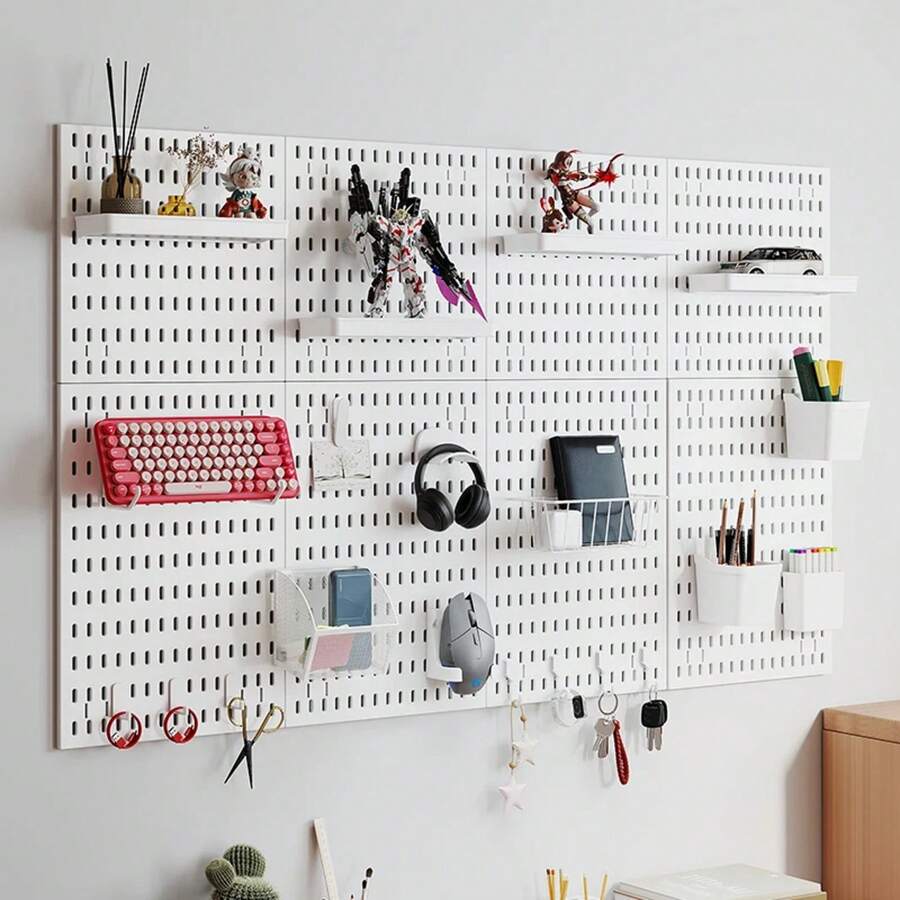 Kit de Organizador de Pared Combinado de Tablero de Clavijas: Paneles Colgantes Modulares, Instalación Sin Perforaciones, para Exhibición en la Pared de la Sala de Manualidades - Ganchos de arco blanco - Ver 1