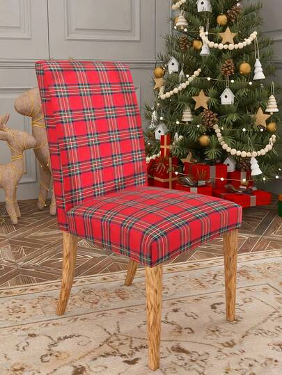 1/4/6pcs Digital Printed Chair Covers, Plaid, Christmas, Washable High Back Chair Protector Slipcovers, Suitable For Living Room, Home, Dining Room, Party, Holiday Decoration