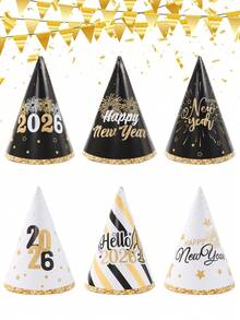 6Pcs 2026 Black & Gold New Year Party Paper Hats,DIY Decorative Hat With Fireworks & Stripes Design,New Year Photo Props Hats,Happy 2026 New Year Party Decor,Happy New Year Decorations,New Year Celebration,New Year Eve Ceremonies Decor - Multicolor - View 2