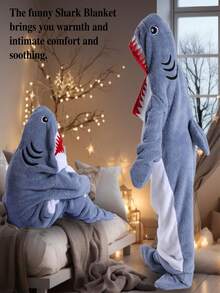 卡通鲨鱼睡袋，法兰绒睡衣，现代风格，柔软涤纶面料，可机洗，家居服，浴巾主题，针织面料，250克/平方米 - 彩色 - 查看 7