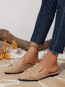Khaki Pointed Toe Mule Shoes For Women, Bowknot Decor, Office Casual Loafers, Suede Fabric, Slip-On Design, Elegant & Versatile Flat Shoes For Spring & Autumn,Mothers Day Gift - Khaki - View 2