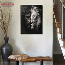 1PC Jesus And The Lion Of Judah Canvas Painting - Black And White Religious Wall Art For Home, Church - Christmas, Easter, Featuring Lion And Jesus Split Face, Vintage Bohemian Style, Modern Wild Lion Wall Decor Art, Wood Frame Wall Art, Framed And Ready To Hang - 彩色 - 查看 4