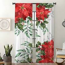 2 perdele transparente de Crăciun cu modele de plante cu ilex și poinsettia, buzunare pentru bară pentru a proteja intimitatea, potrivite pentru diverse scene de decor în camere de zi, dormitoare și bucătării, creând o atmosferă de Crăciun și cadouri perfecte de sărbători.