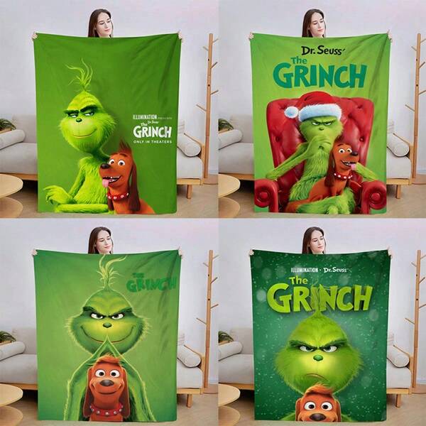 1 Stück Grinch Weihnachten grüne Fellimitat Digital-Muster Flanell Decke zum Schlafen, Sofaüberwurf, Klimaanlagen-Decke