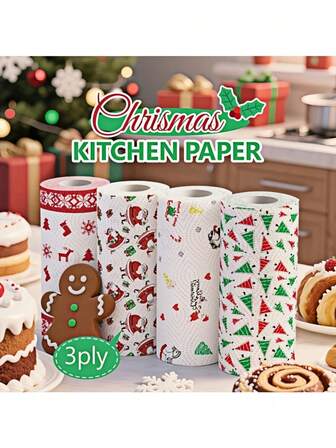 Christmas Kitchen Paper Towels, Thicker 3-Ply Roll, Disposable Kitchen Cleaning Dry & Wet Dual-Use Household Thick Roll Paper, Disposable Kitchen Paper Towels, Washable Dry & Wet Dual-Use, Cleaning Supplies, Random Style Selection, Christmas Family Cleaning Tools, Christmas Gift, Christmas Decorative Paper Towels