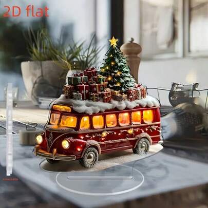 2D Flat - Classic Christmas Bus Desktop Decor With Lights, Tree And Gifts - Double-Sided Polypropylene Printing, Holiday Christmas Decoration, Suitable For Home, Bedroom, Dining Room, Multi-Purpose Christmas Decoration