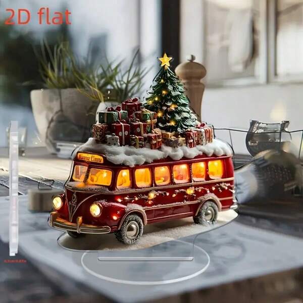 Decoración de escritorio de autobús navideño clásico en 2D plano con luces, árbol y regalos - Impresión de polipropileno de doble cara, decoración navideña, adecuada para el hogar, dormitorio, comedor, decoración navideña de uso múltiple